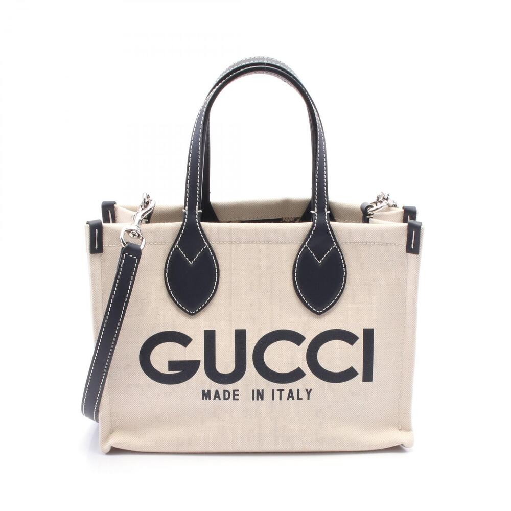 Gucci Tote Bag Canvas Leather Ivory White Navy Blue